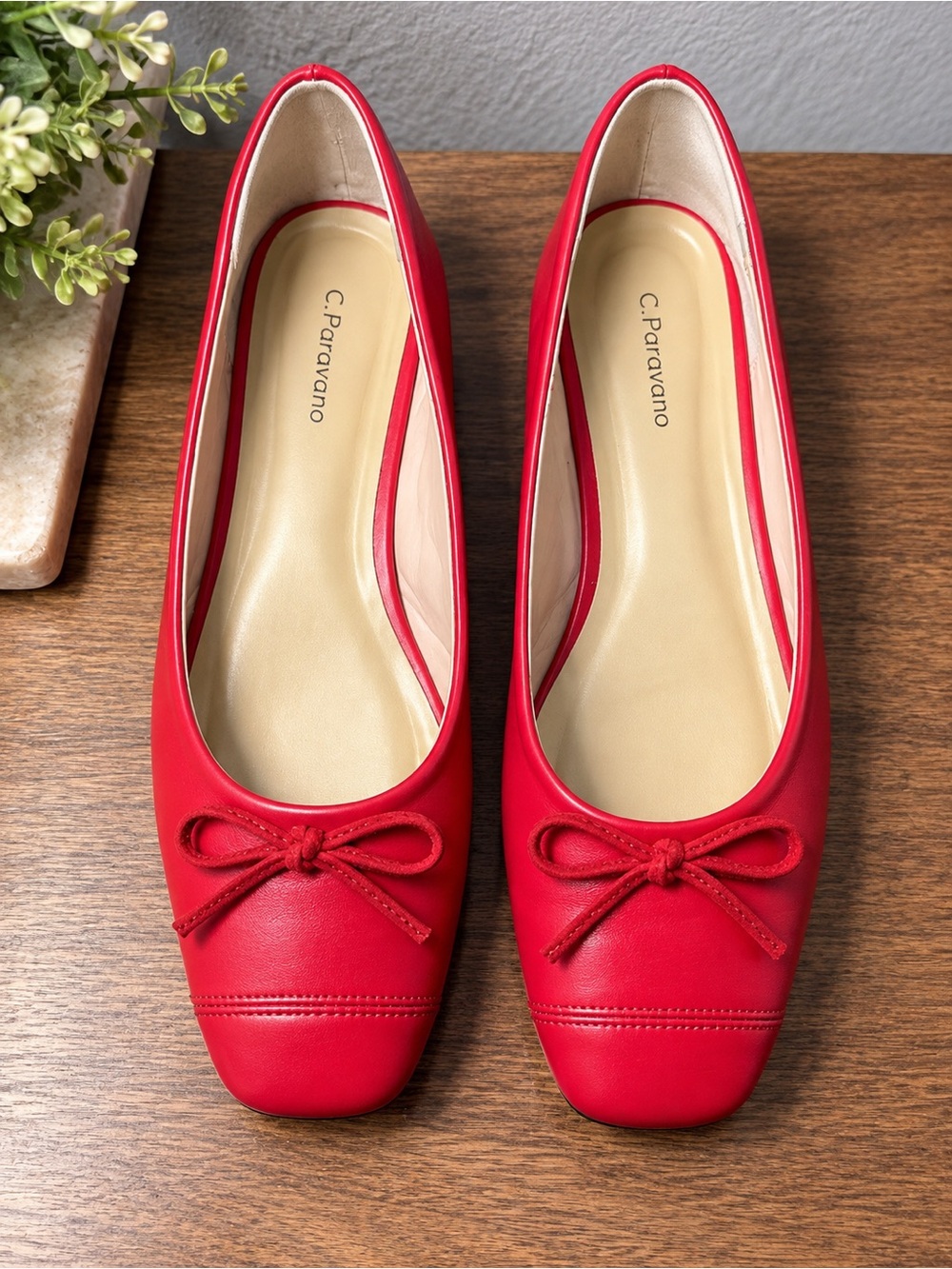 C Paravano Red Leather Ballet Flats Square Toe Bow Cap Toe Shoes EU 39